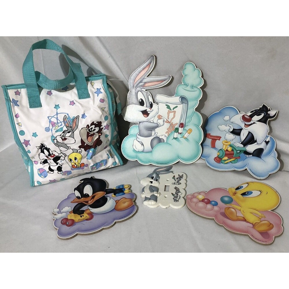 Vintage 90’s Baby Looney Tunes 6pc Lot Diaper Bag & 4 Wall Plaques & light Plate